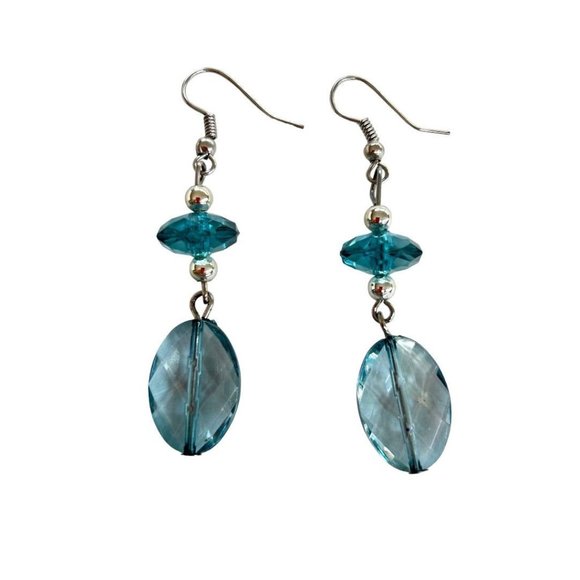 Unbranded Jewelry - Blue Teal Faceted Acrylic Beaded Hook Pierced Earrings 2.5" Drop Dangle Silverto